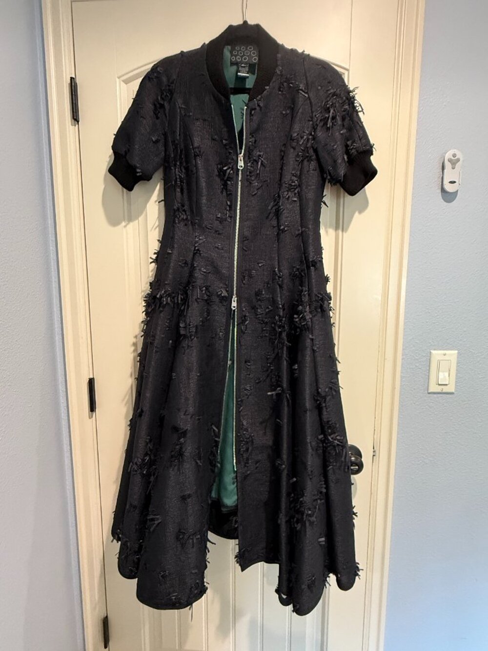 NY 77 Design Black Textured Fringe Zip Front Fit & Flare Dress EU 3 / M NWOT